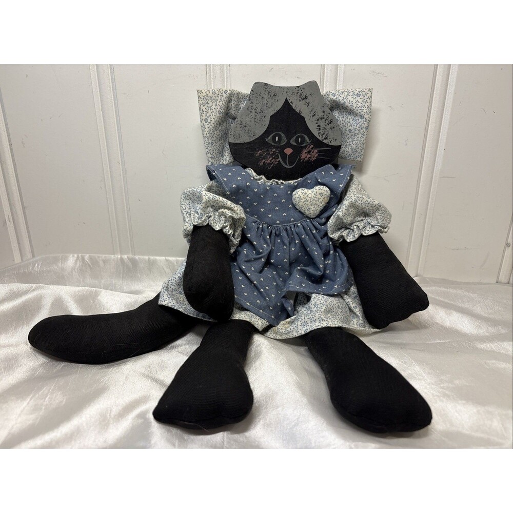 Vintage 1990s Primitive Painted Wooden Black Cat Plush Country Dress Great Con.